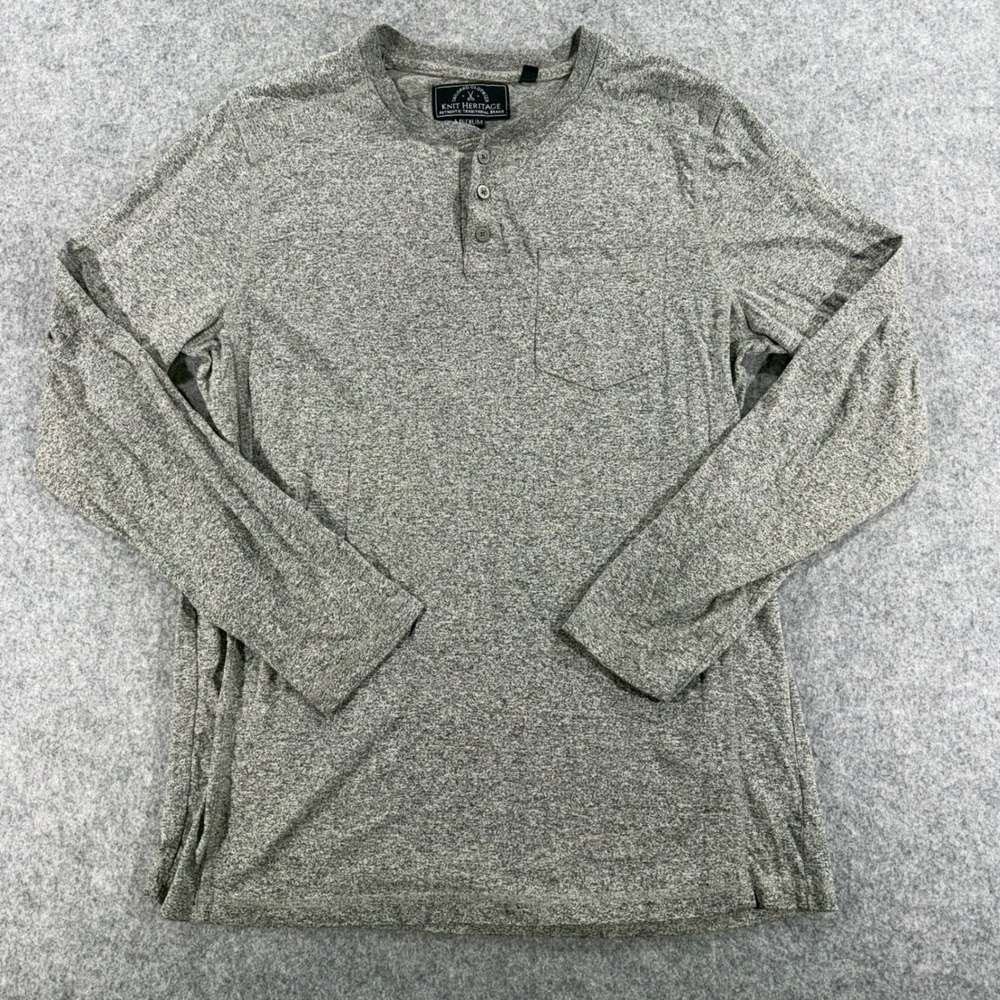 Knit Heritage Mens Grey Heather Long Sleeve Henley Shirt Chest Pocket Medium